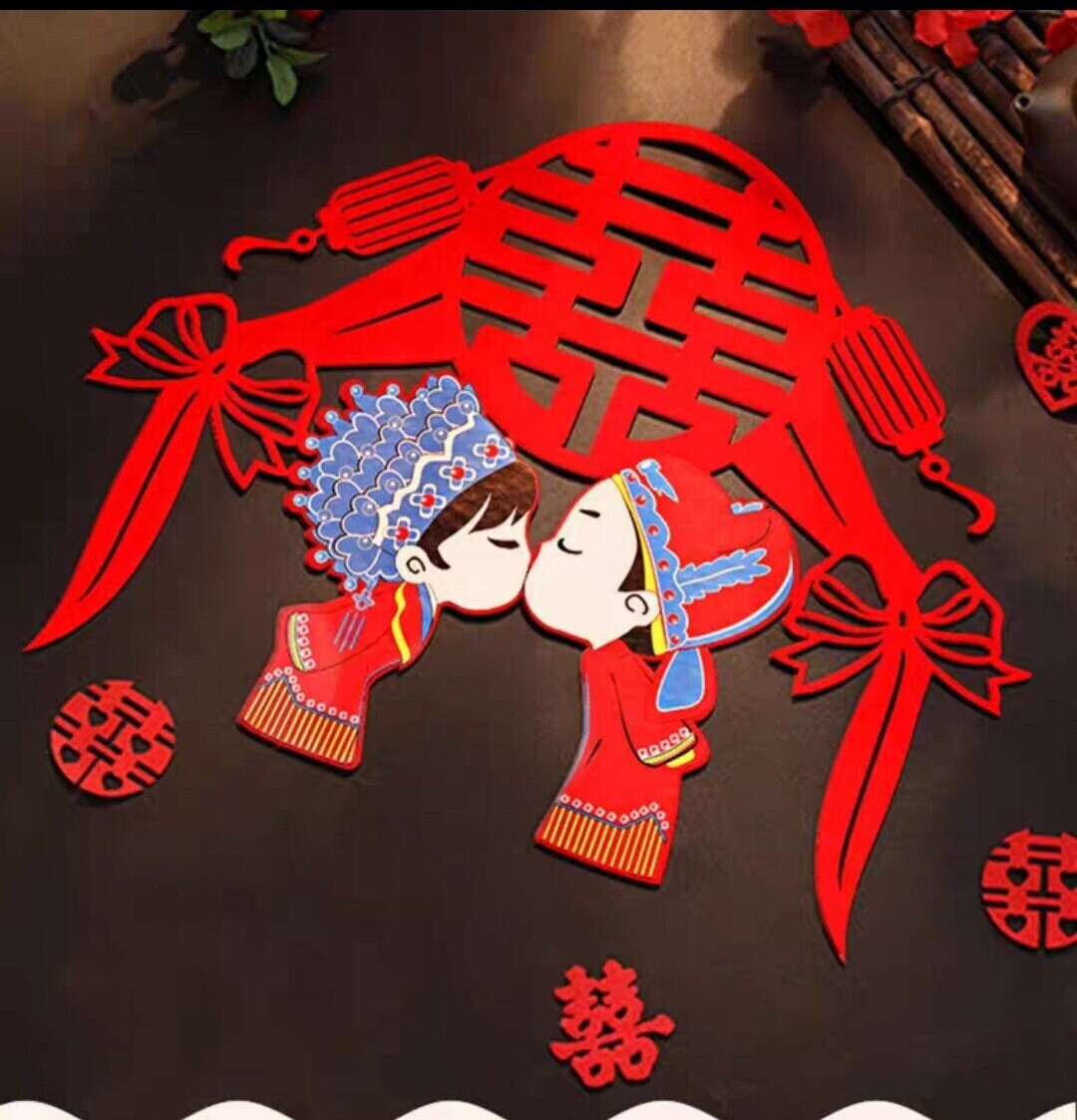 17" Oriental wedding cartoon bride and groom wall stickers/Asian wedding wall decorations