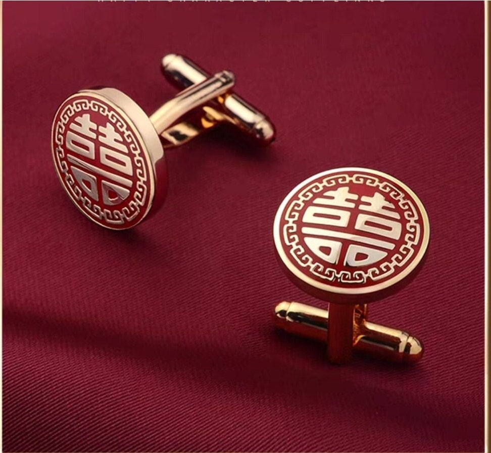 Oriental wedding groom necktie pinching clip/classic copper tie clip/Asian wedding double happiness cufflinks