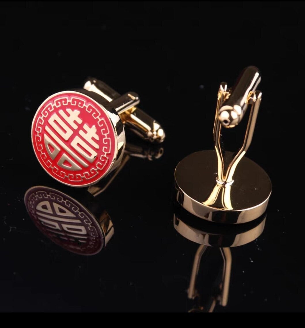 Oriental wedding groom necktie pinching clip/classic copper tie clip/Asian wedding double happiness cufflinks