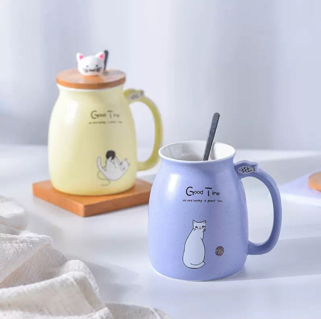 Cat Mug With Spoon Lid/Lovely Kitty Mug/Morning Milk Cup/Coffee/Tea/Holiday Mug