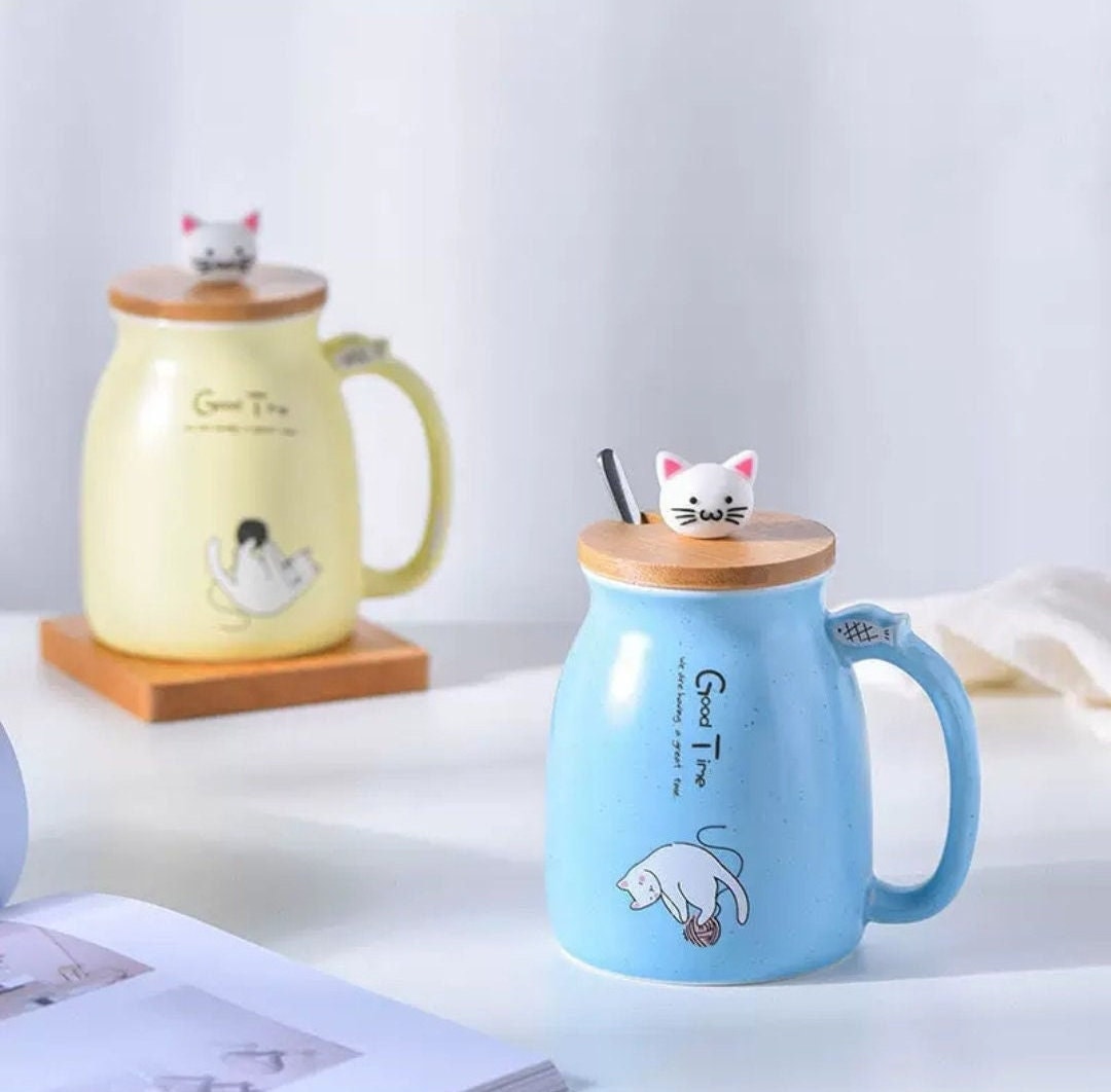 Cat Mug With Spoon Lid/Lovely Kitty Mug/Morning Milk Cup/Coffee/Tea/Holiday Mug