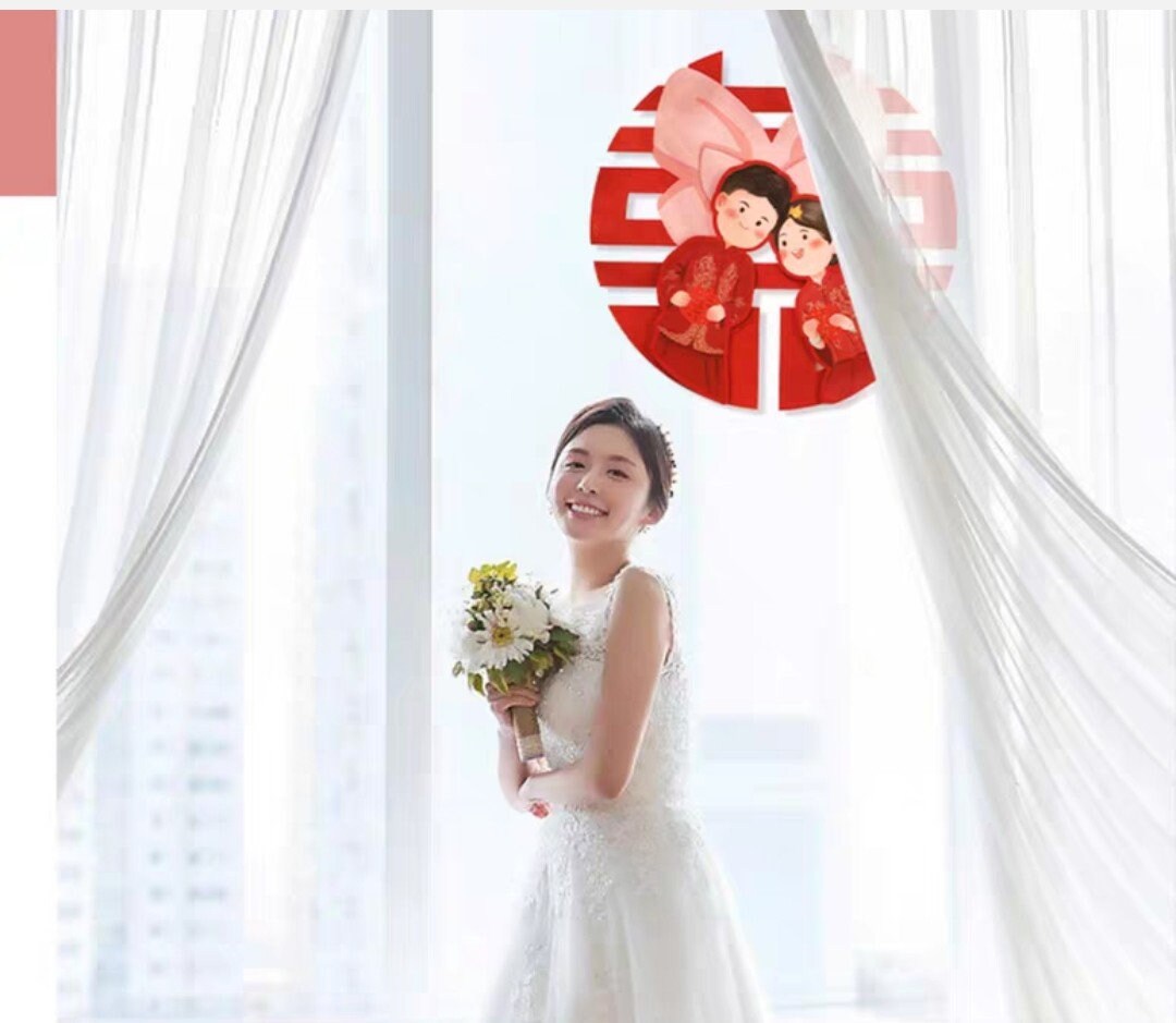 16" Oriental wedding double happiness with bride and groom wall stickers