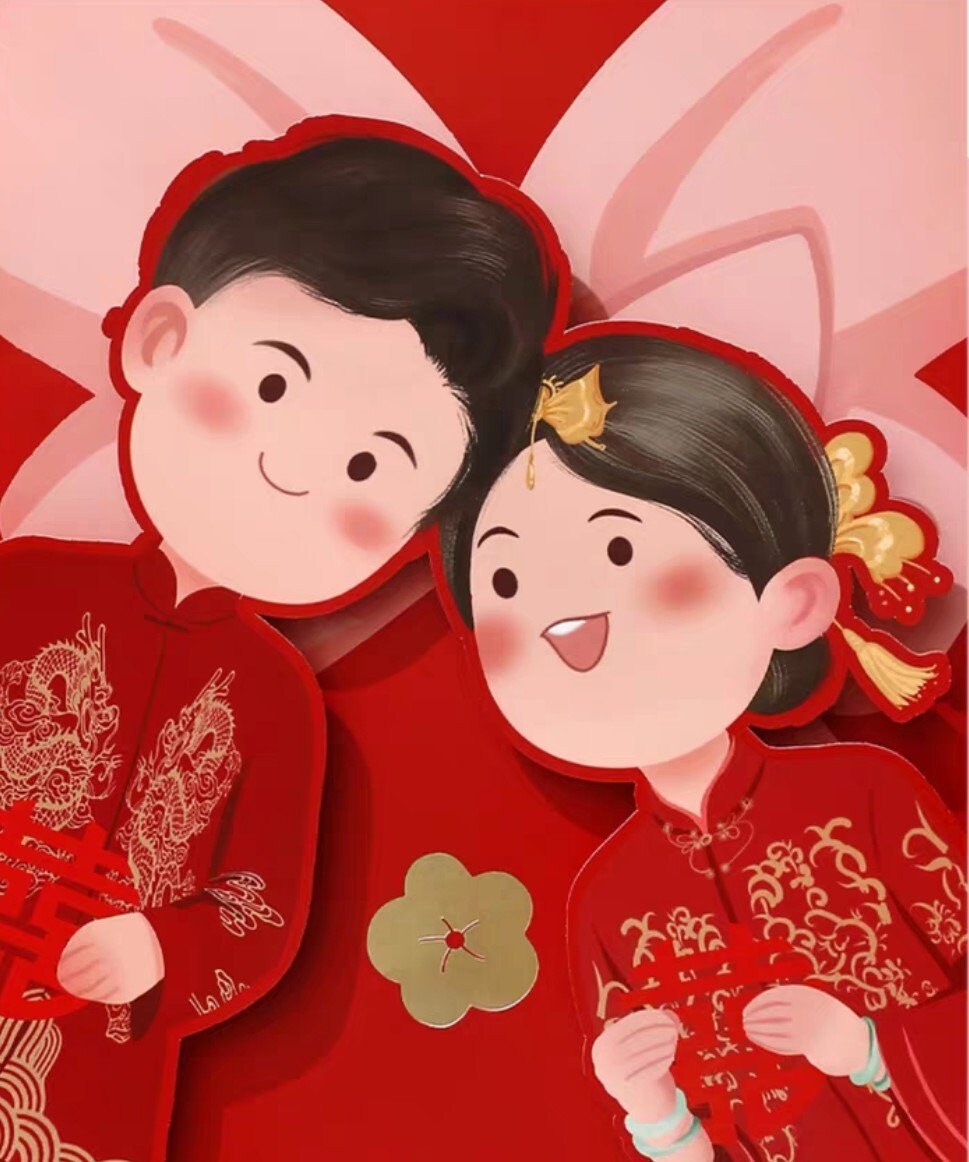 16" Oriental wedding double happiness with bride and groom wall stickers