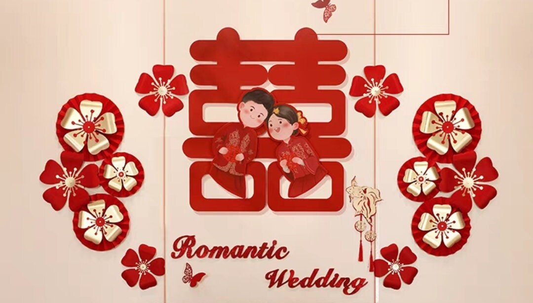 16" Oriental wedding double happiness with bride and groom wall stickers