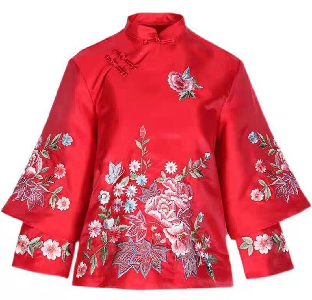 Chinese Traditional Qipao Cheongsam Top Floral Embroidery Shirt