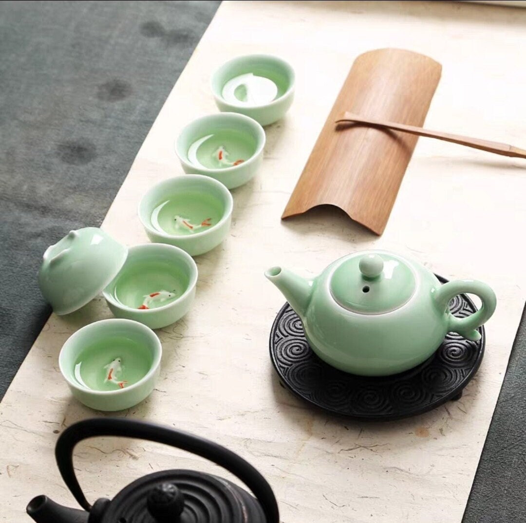 Oriental Koi Fish Design Green Ceramic Tea Set/Kungfu Tea/Tea Art