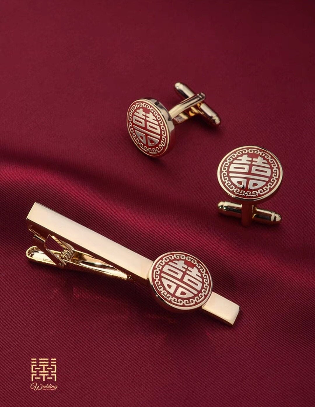 Oriental wedding groom necktie pinching clip/classic copper tie clip/Asian wedding double happiness cufflinks