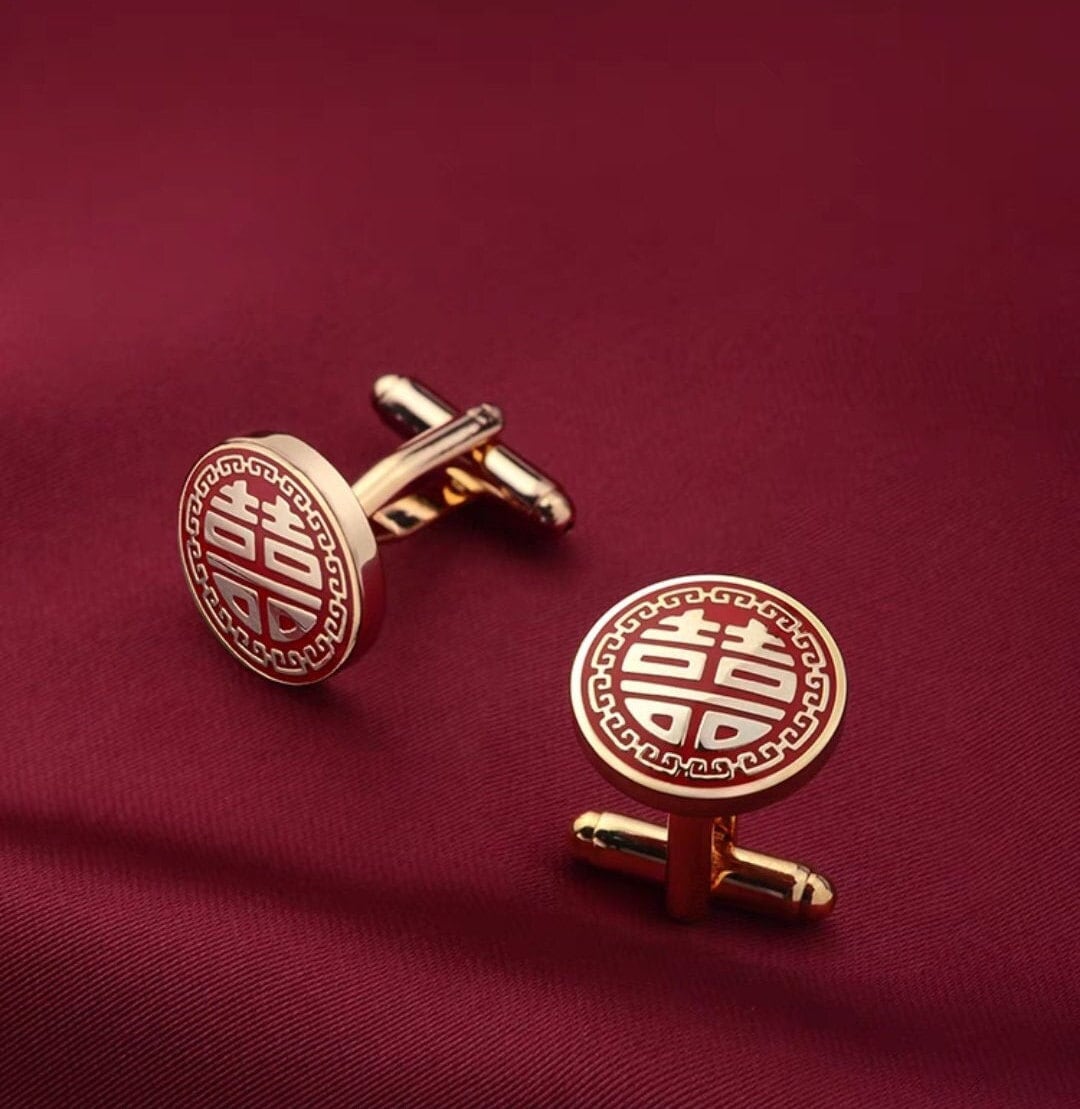 Oriental wedding groom necktie pinching clip/classic copper tie clip/Asian wedding double happiness cufflinks