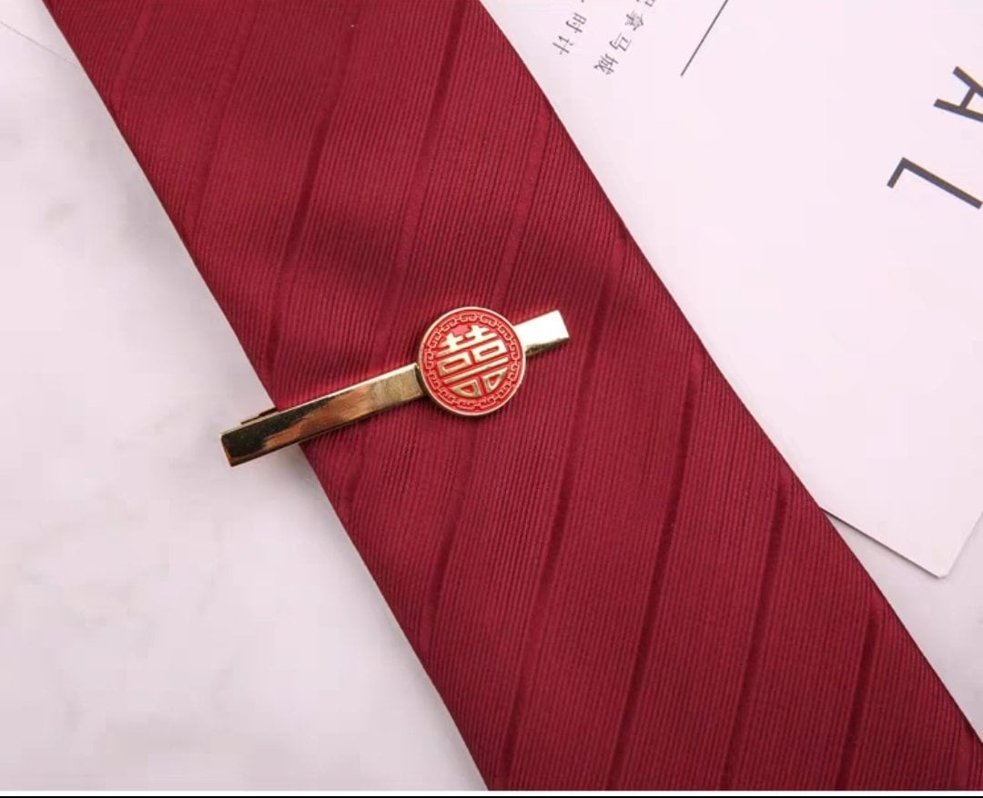 Oriental wedding groom necktie pinching clip/classic copper tie clip/Asian wedding double happiness cufflinks