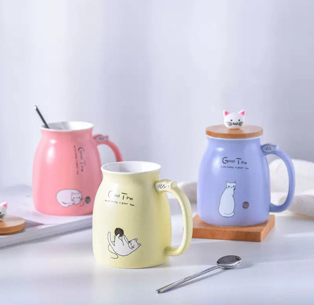 Cat Mug With Spoon Lid/Lovely Kitty Mug/Morning Milk Cup/Coffee/Tea/Holiday Mug
