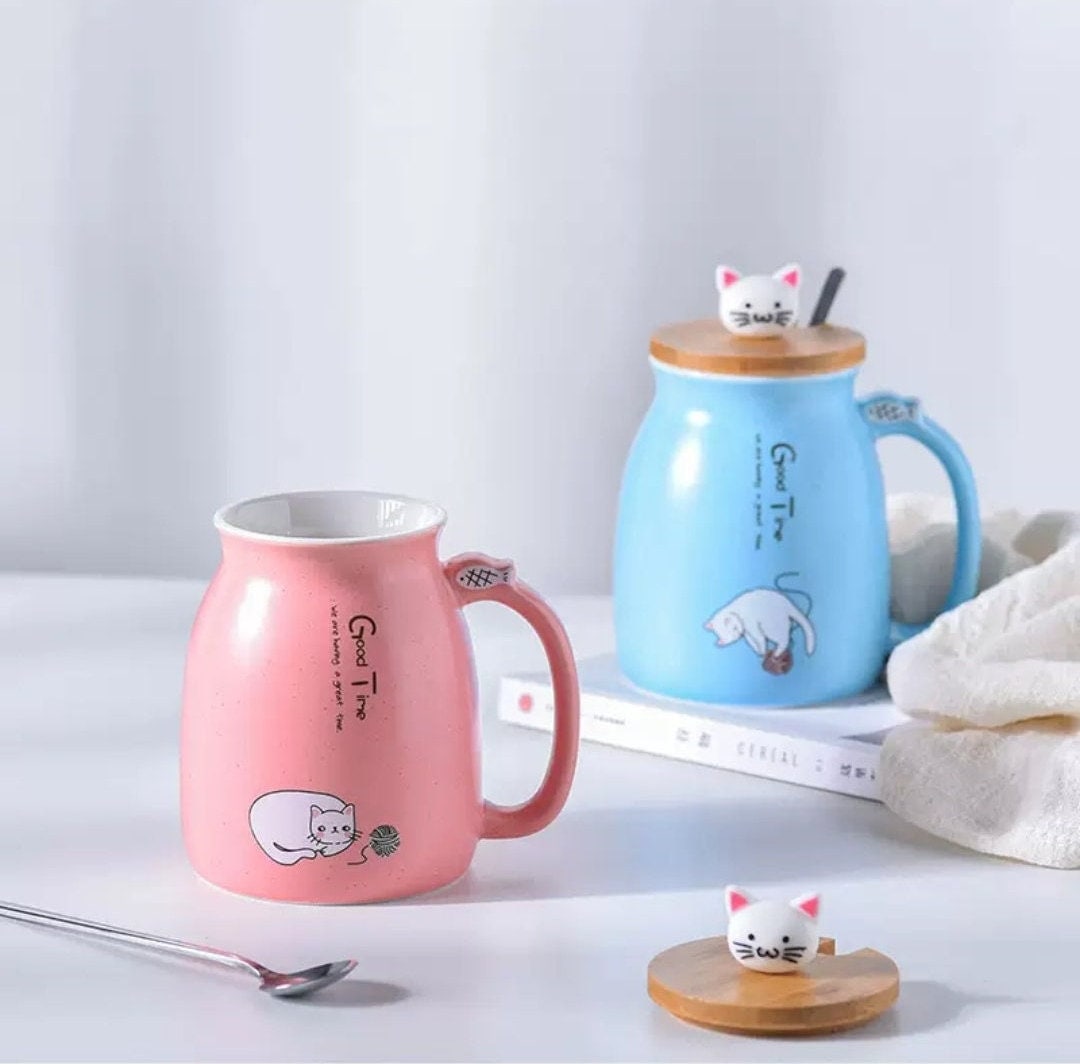 Cat Mug With Spoon Lid/Lovely Kitty Mug/Morning Milk Cup/Coffee/Tea/Holiday Mug