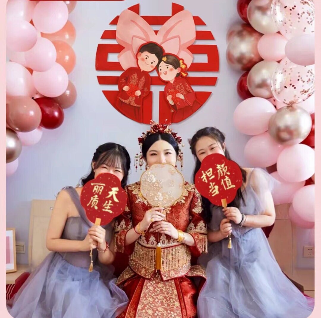 16" Oriental wedding double happiness with bride and groom wall stickers