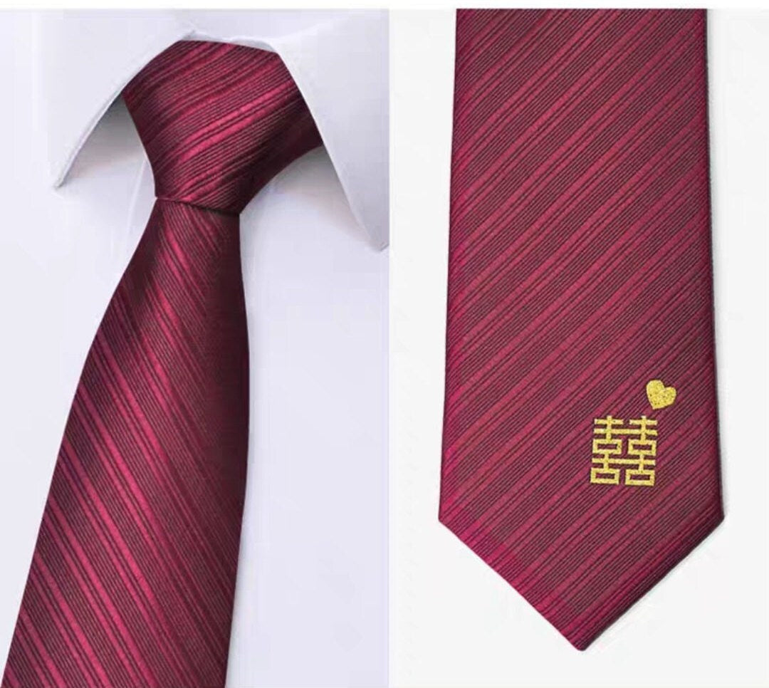 Oriental wedding groom necktie with Xi/groom necktie xi with heart