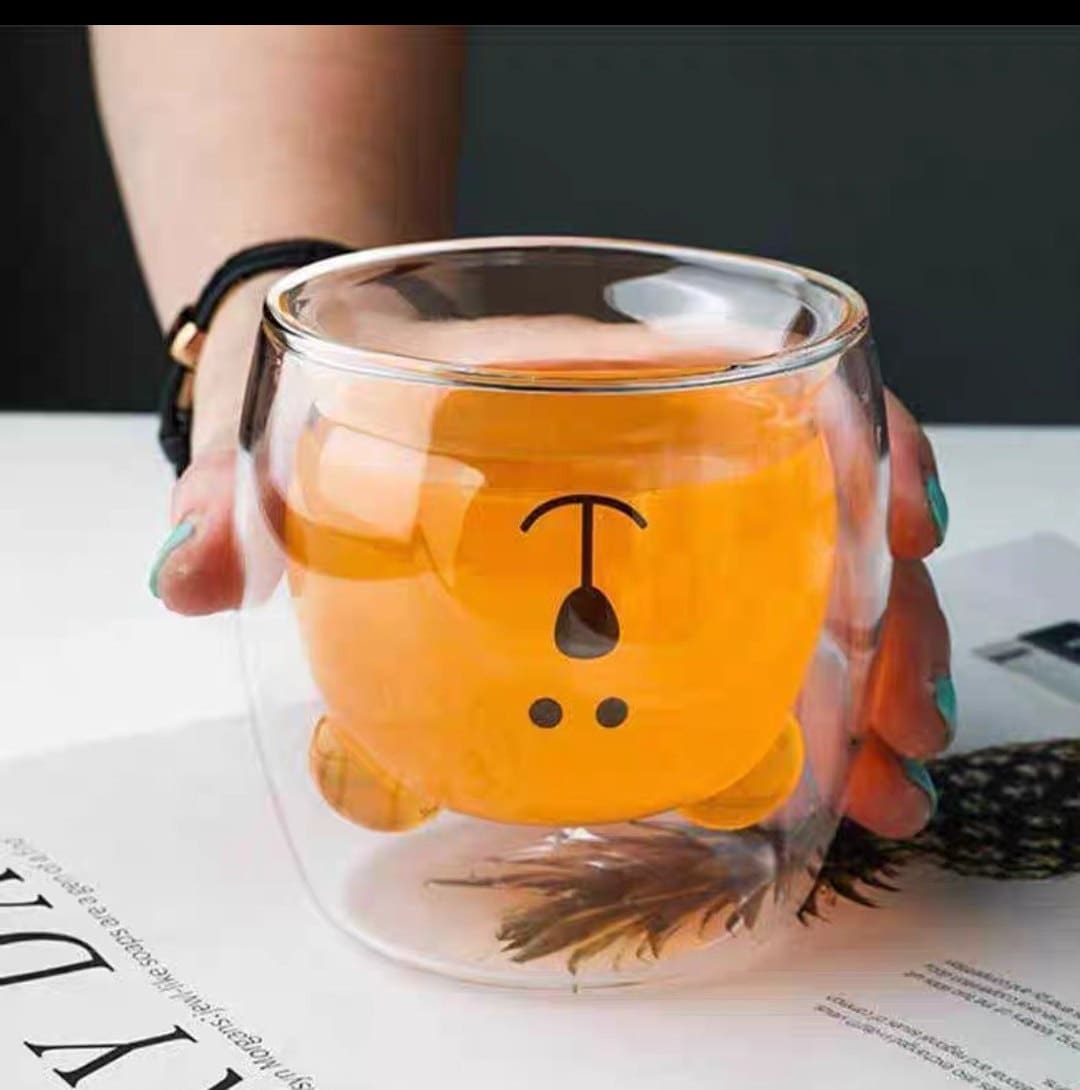 Double-walled Glass Cute Animal Coffee Mugs/Cat Dog Bear Duck Pig Cups/Housewarming Birthday Holiday Gift/250ml 8.8oz