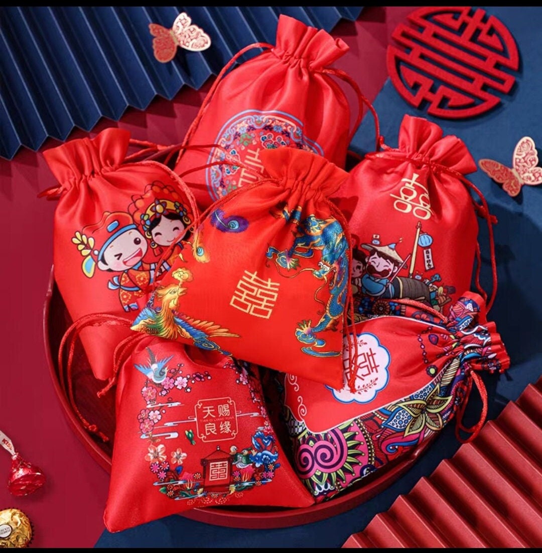 Oriental Wedding Double Happiness Favor Bags/6 pcs Candy Bags/Chocolate Bags