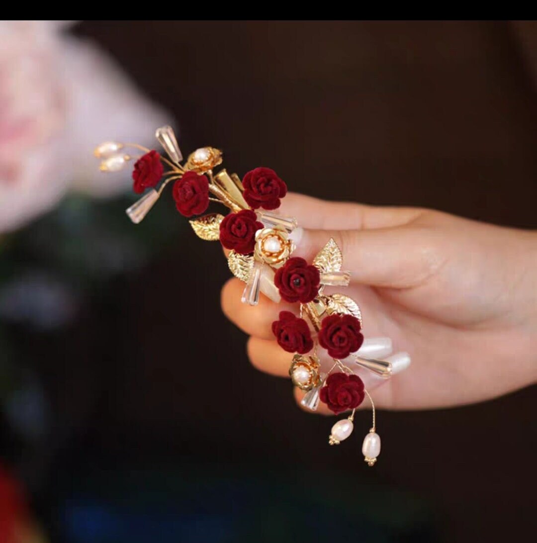 Oriental wedding gold bridal rose with pearl hair pin/hair accessory for tea ceremony/bridal hair piece