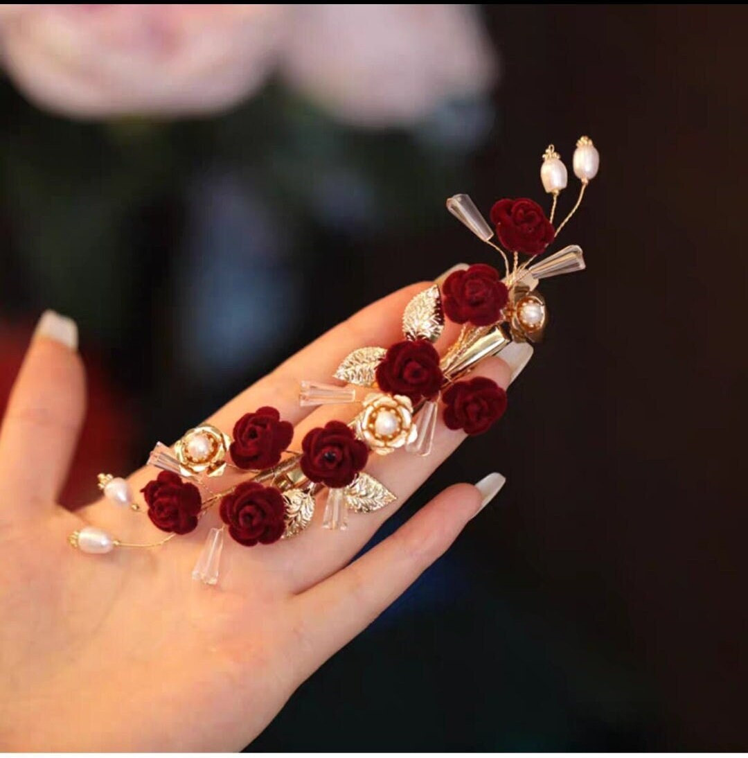 Oriental wedding gold bridal rose with pearl hair pin/hair accessory for tea ceremony/bridal hair piece