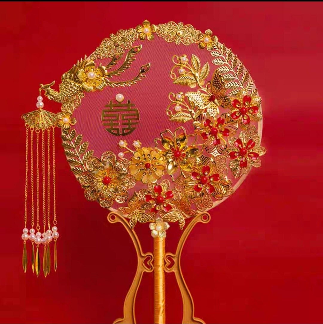 Oriental wedding double happiness floral fan with stand