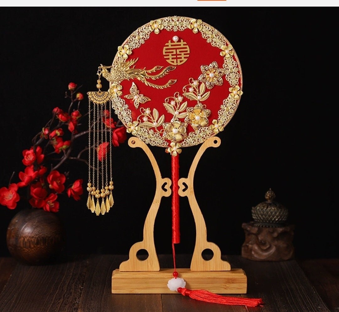 Oriental wedding double happiness floral fan with stand