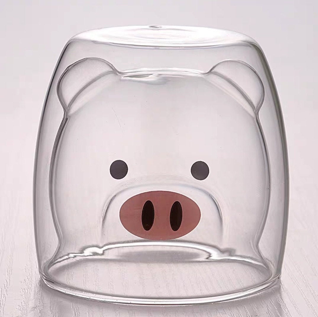 Double-walled Glass Cute Animal Coffee Mugs/Cat Dog Bear Duck Pig Cups/Housewarming Birthday Holiday Gift/250ml 8.8oz