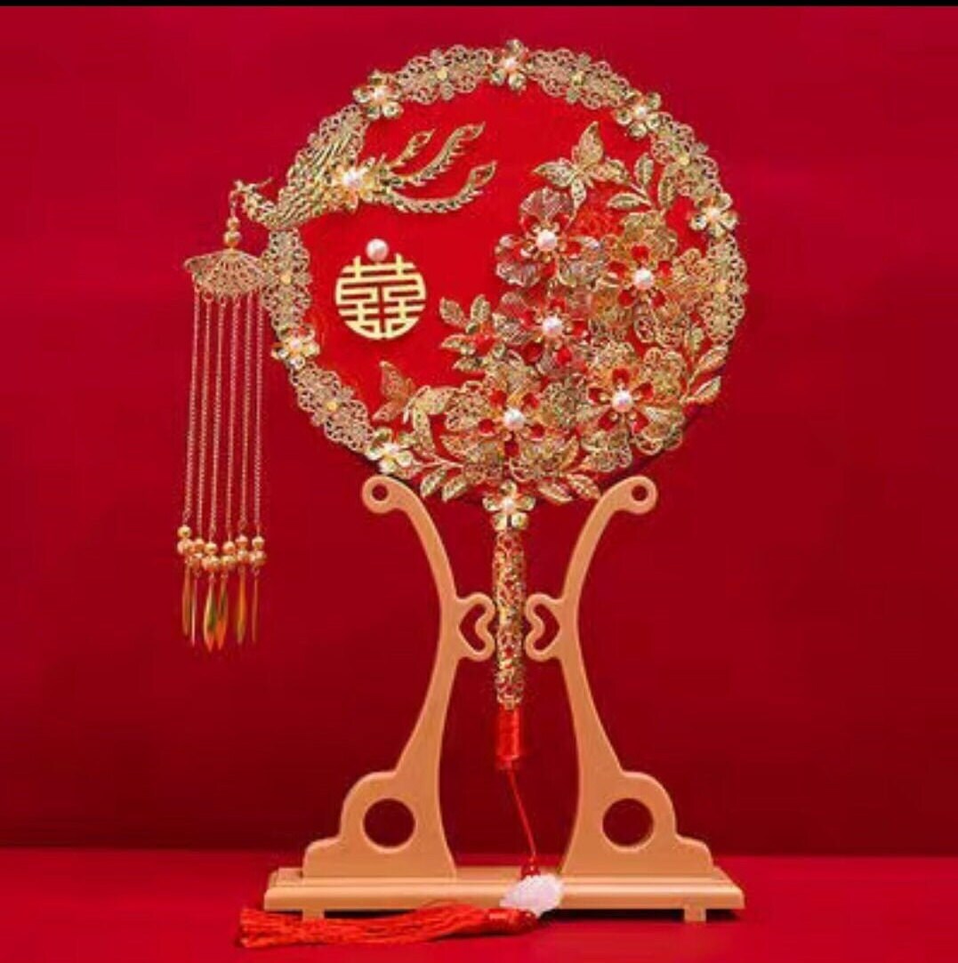 Oriental wedding double happiness floral fan with stand