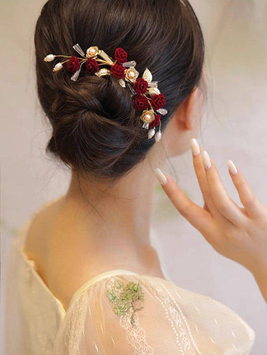 Oriental wedding gold bridal rose with pearl hair pin/hair accessory for tea ceremony/bridal hair piece