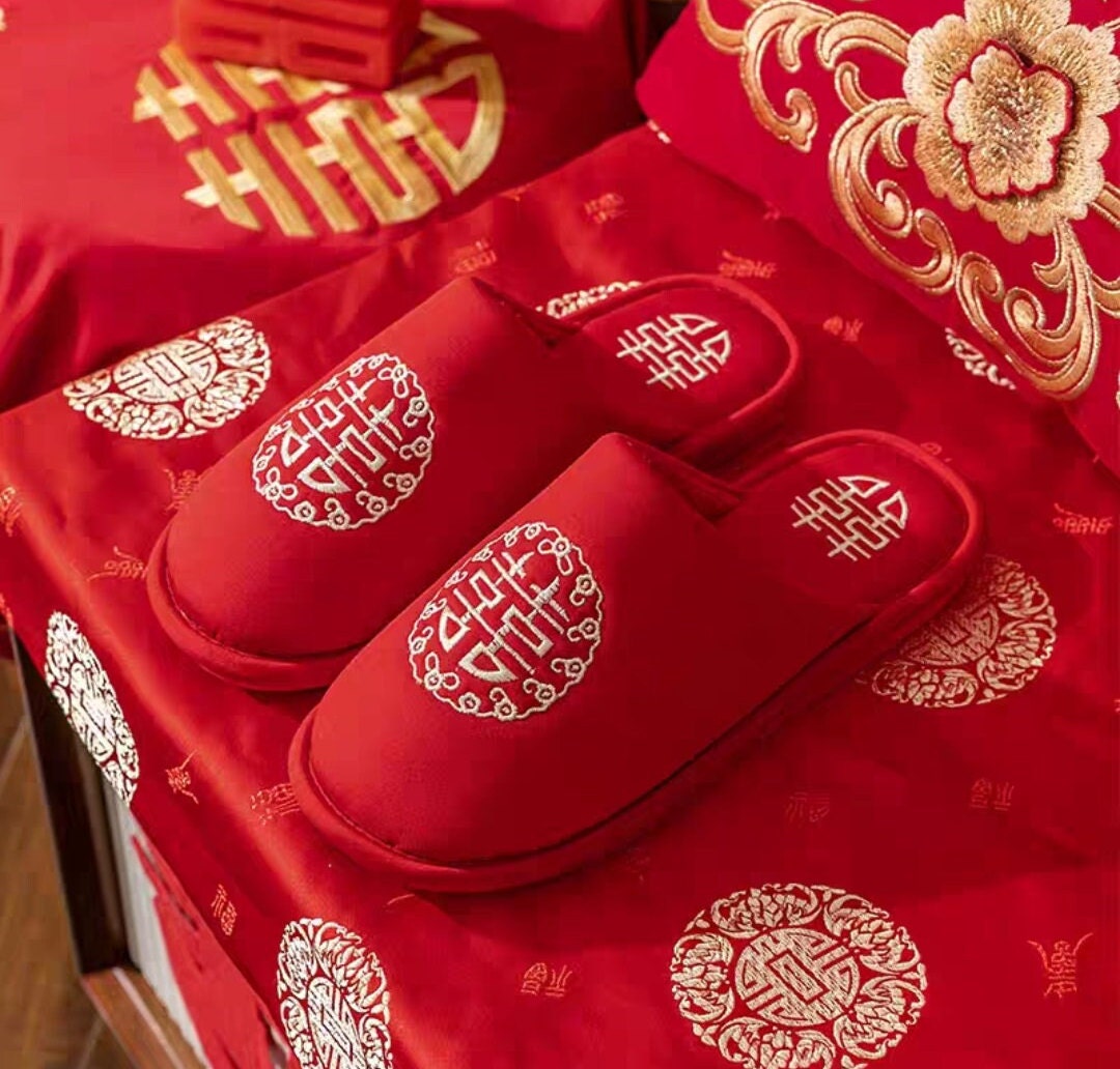 Red Satin Traditional Chinese Wedding Double Happiness Slippers For Bride And Groom/Bridesmaids/Groomsmen