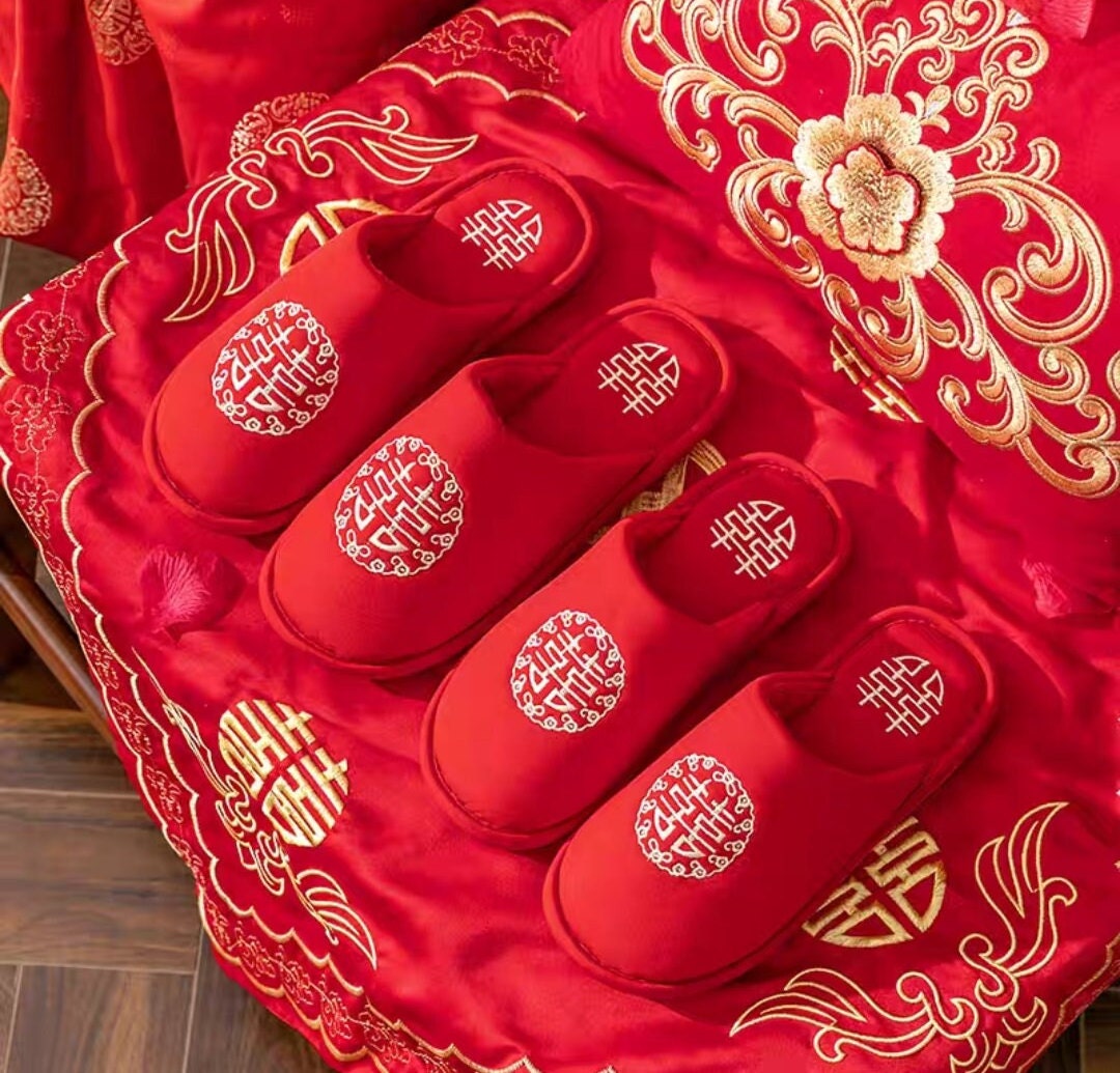 Red Satin Traditional Chinese Wedding Double Happiness Slippers For Bride And Groom/Bridesmaids/Groomsmen