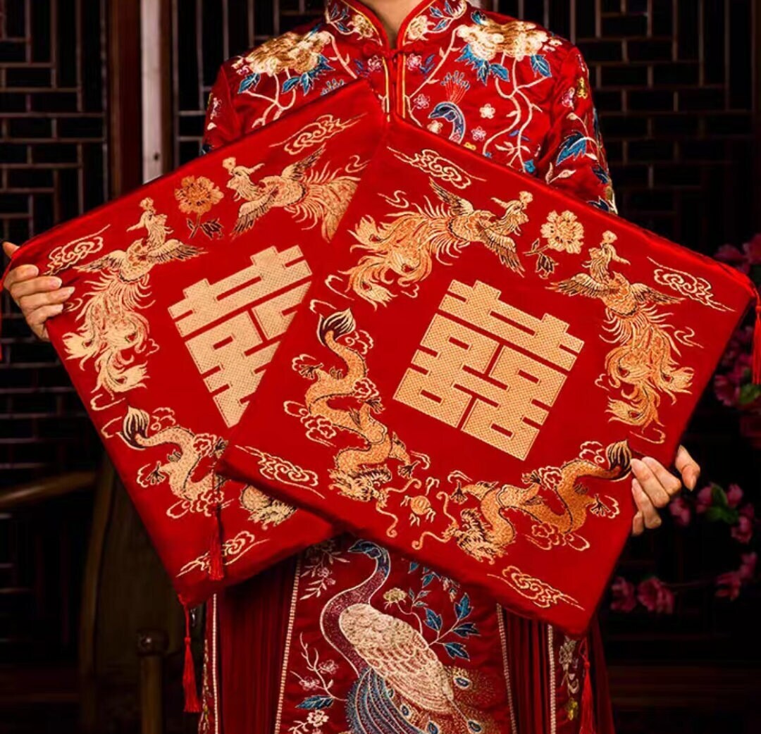 Double Happiness kneeling pad with tassels/Cushion-For Tea Ceremony/wedding/A set of two