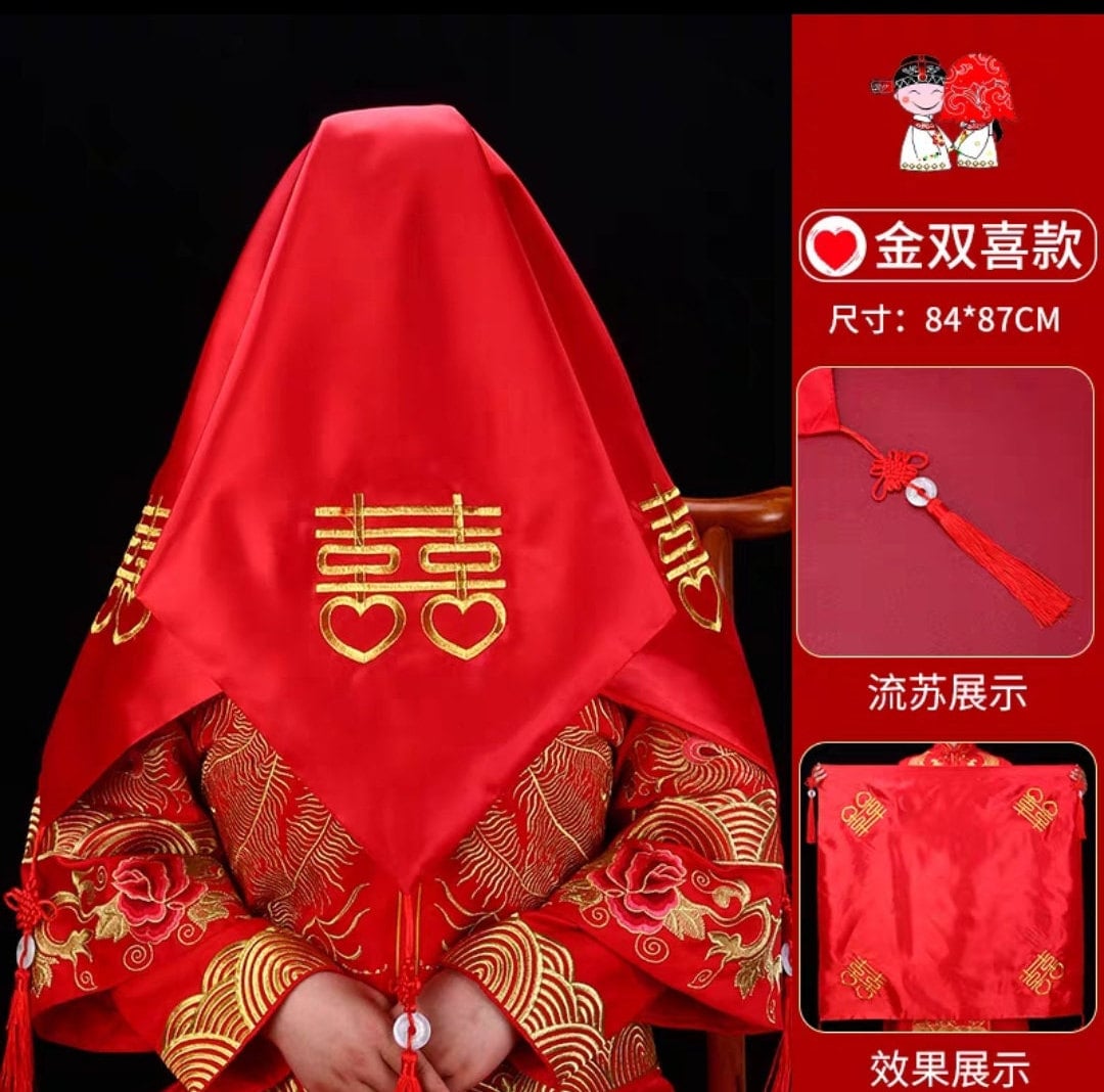 Oriental wedding bridal red cover up/ Bridal veil with dragon and Phoenix