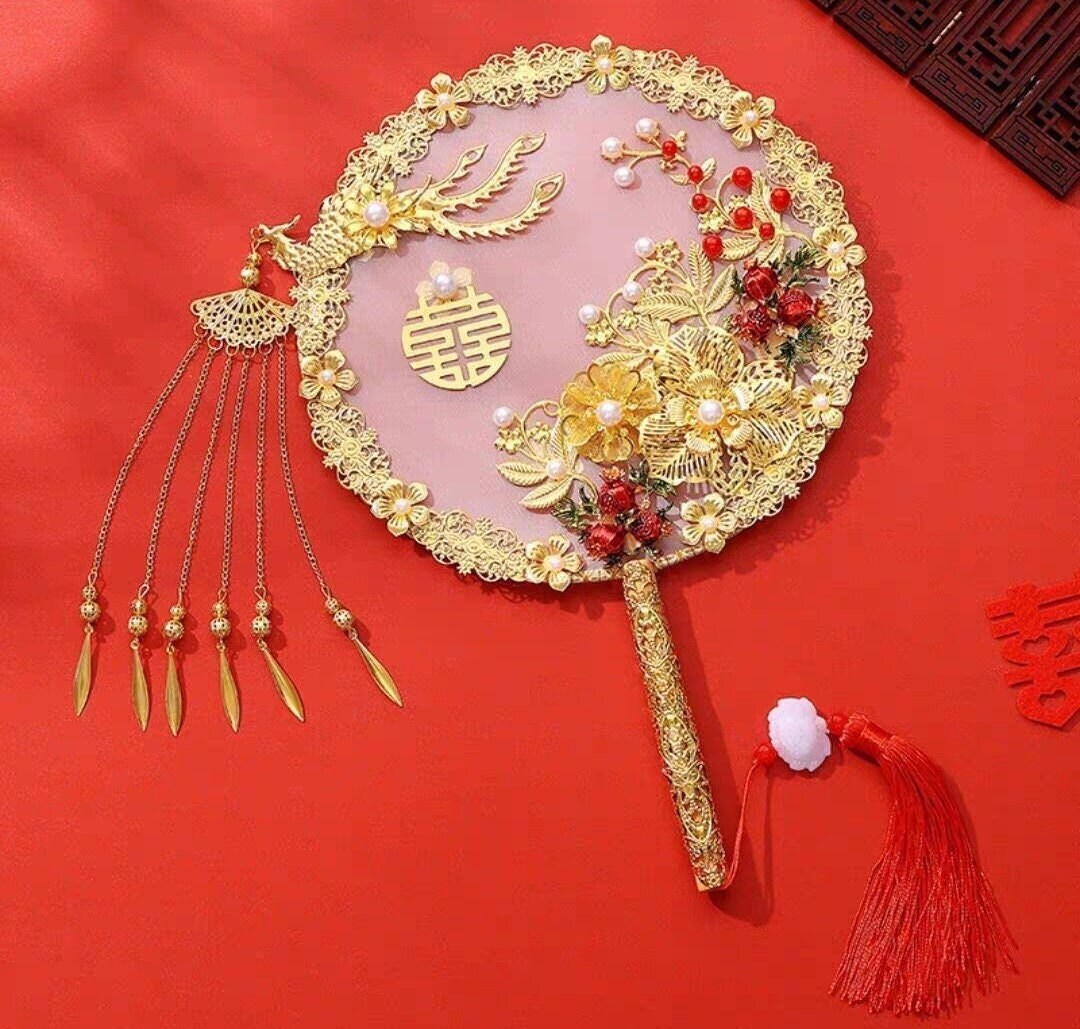 Oriental wedding double happiness floral fan with stand