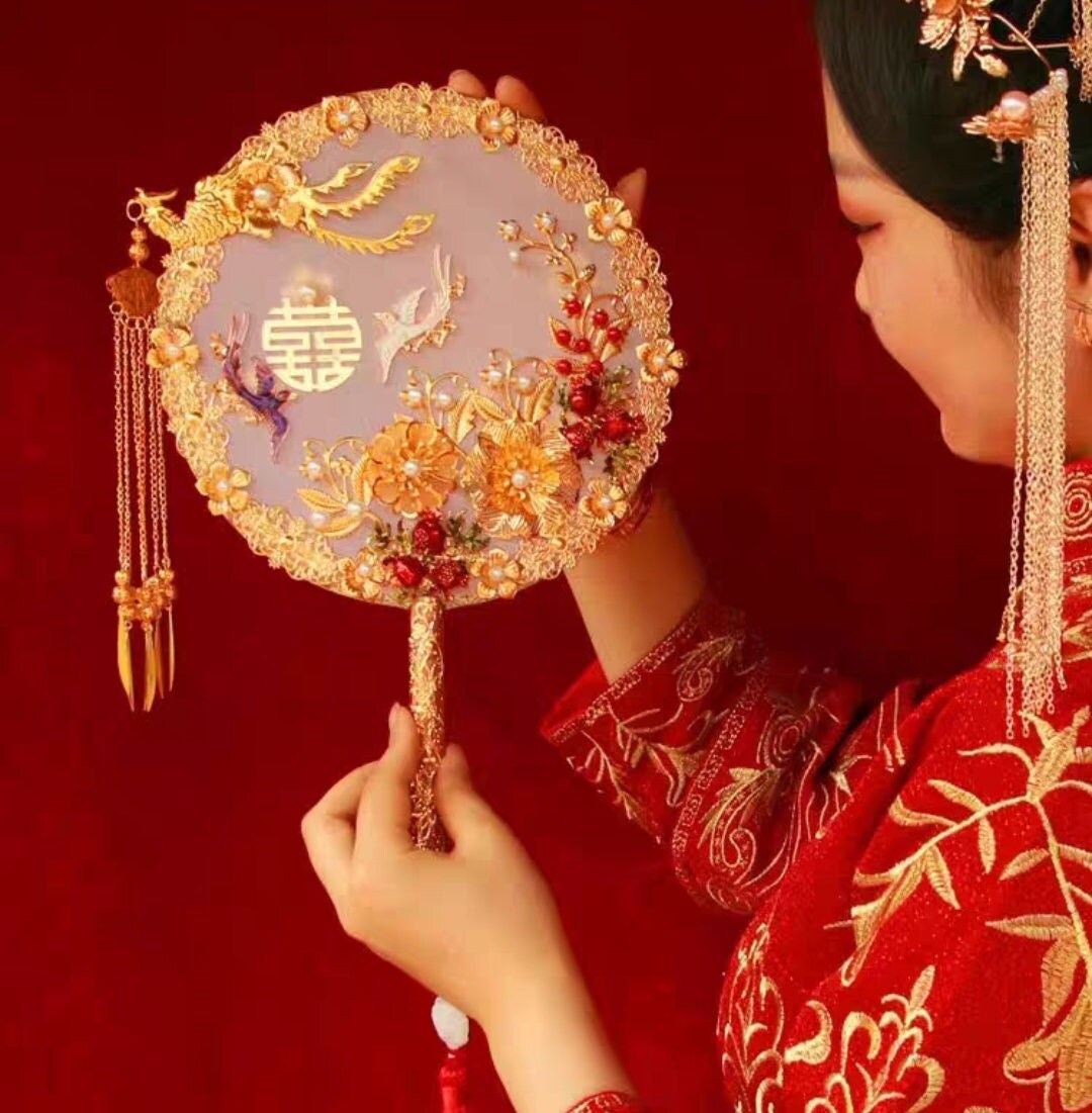 Oriental wedding double happiness floral fan with stand