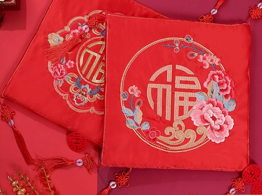Oriental wedding double happiness kneeling pad with tassels for tea ceremony/cushions/fu kneeling pad/a pair
