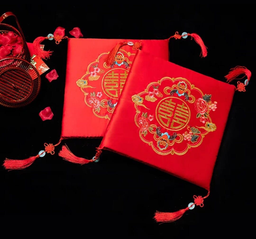 Oriental wedding double happiness kneeling pad with tassels for tea ceremony/cushions/fu kneeling pad/a pair