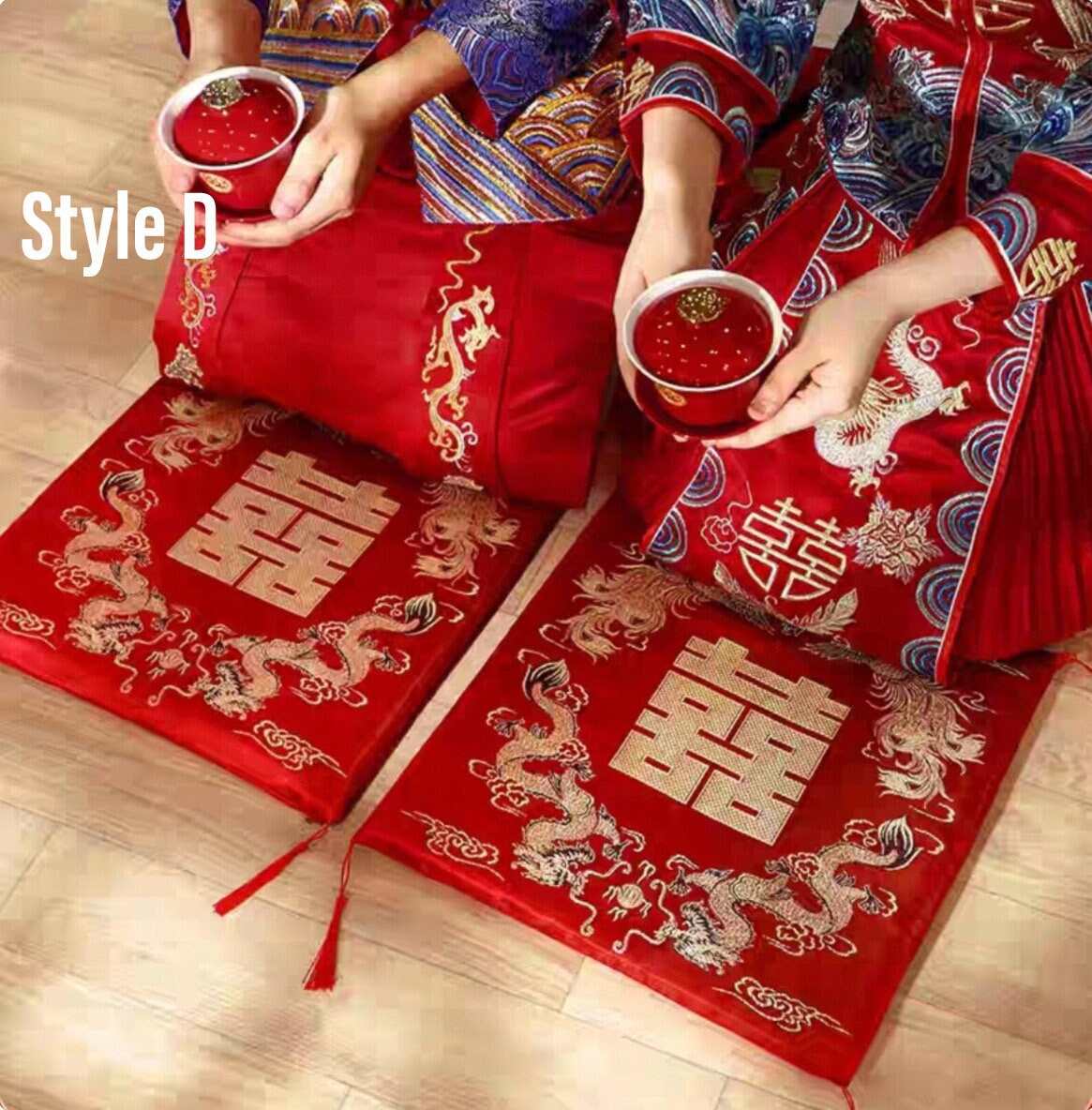 Double Happiness kneeling pad with tassels/Cushion-For Tea Ceremony/wedding/A set of two